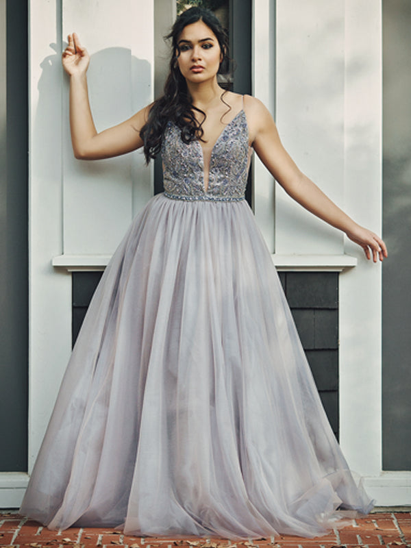 Lovely V-neck Spaghetti Straps A-line Tulle Long Prom Dresses, PDS0137