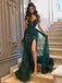 Elegant Sweetheart Green Lace Side Slit Mermaid Long Cheap Prom Dresses, PDS0104