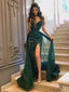 Elegant Sweetheart Green Lace Side Slit Mermaid Long Cheap Prom Dresses, PDS0104