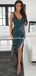 Sexy V-neck Green Sequin Side Slit Mermaid Long Cheap Prom Dresses, PDS0105