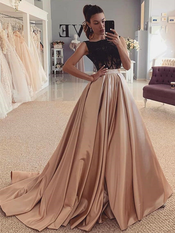 Gorgeous Lace Top A-line Stain Long Prom Dresses, PDS0107