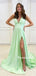 Sexy Mint-Green V-neck A-line Slit Long Prom Dresses, PDS0110