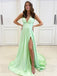 Sexy Mint-Green V-neck A-line Slit Long Prom Dresses, PDS0110