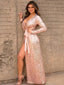 Sexy Pink Sequins Long Sleeves Side Slit A-line Long Prom Dresses, PDS0120