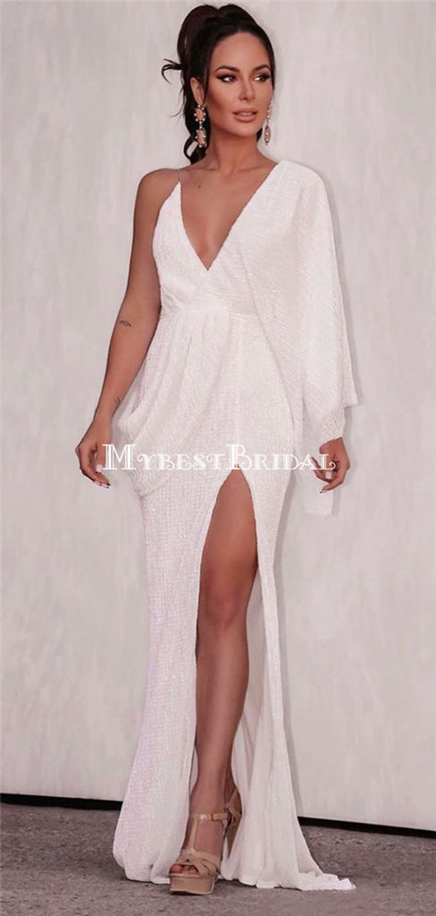 Sexy V-neck Ivory Sequin Side Slit Long Cheap Prom Dresses, PDS0096