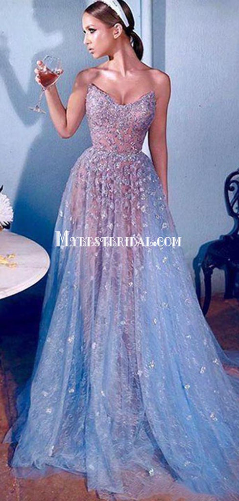 Gorgeous Strapless Applique Tulle A-line Long Prom Dresses, PDS0122
