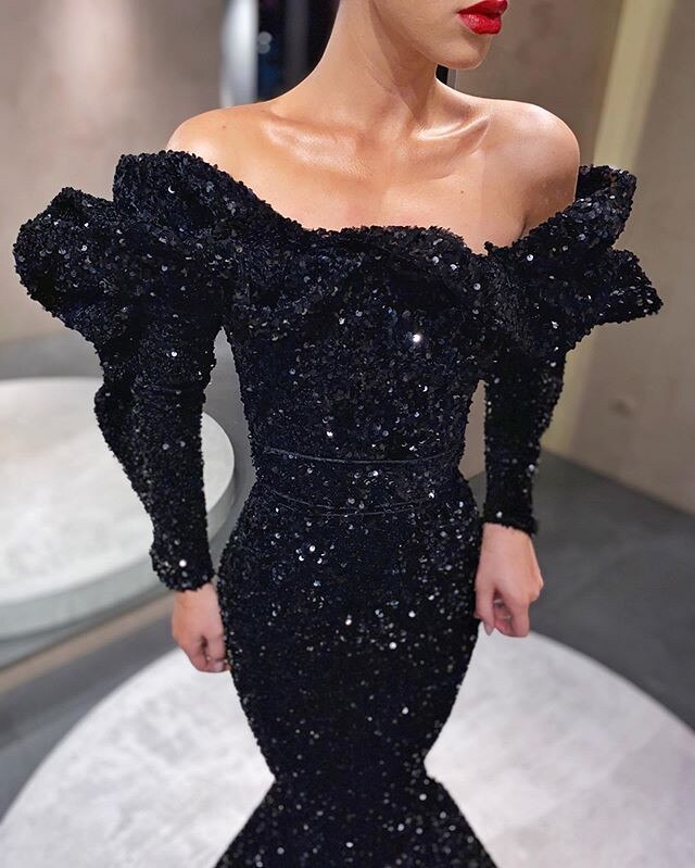 Gorgeous Black Off Shoulder Beaded Long Sleeves Mermaid Long Prom Dresses, PDS0123