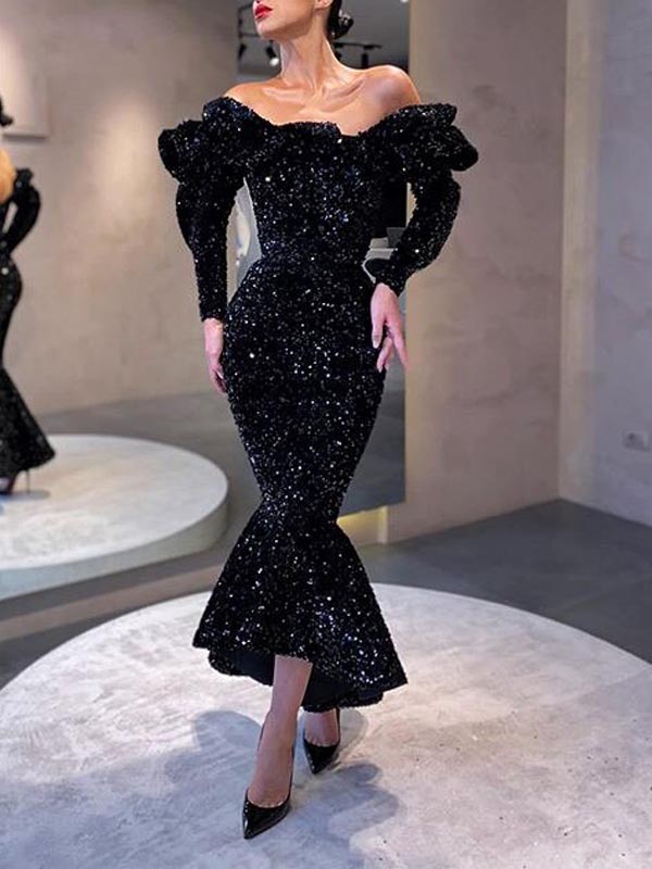 Gorgeous Black Off Shoulder Beaded Long Sleeves Mermaid Long Prom Dresses, PDS0123
