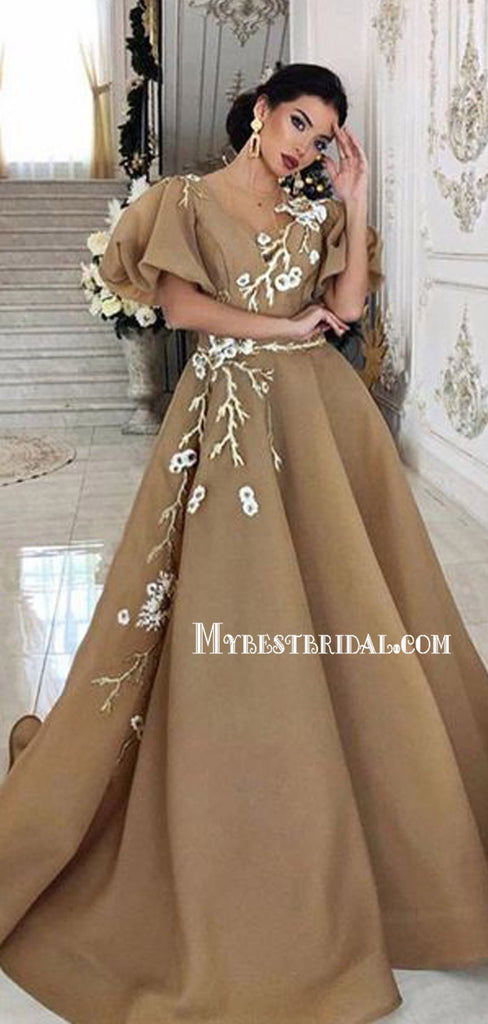 Elegant V-neck Applique Short Sleeves A-line Long Prom Dresses, PDS0125