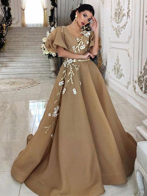 Elegant V-neck Applique Short Sleeves A-line Long Prom Dresses, PDS0125
