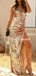 Sexy Golden Bling V-neck A-line Split Long Prom Dresses, PDS0127