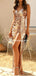 Sexy Golden Bling V-neck A-line Split Long Prom Dresses, PDS0127
