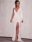 Sexy V-neck Ivory Sequin Side Slit Long Cheap Prom Dresses, PDS0096