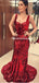 Sexy Red Spaghetti Strap Sequins Mermaid Long Prom Dresses, PDS0134