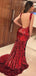 Sexy Red Spaghetti Strap Sequins Mermaid Long Prom Dresses, PDS0134