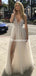 Sexy V-neck Beaded Applique Split Tulle A-line Long Prom Dresses, PDS0141