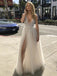 Sexy V-neck Beaded Applique Split Tulle A-line Long Prom Dresses, PDS0141