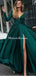 A-line V-neck Long Sleeves Dark Green Satin Prom Dress ,Cheap Prom Dresses,PDY0405