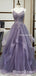 Elegant Spaghetti Strap Sleeveless Purple Tulle Top Lace Appliqued A-line Long Cheap Prom Dresses, PDS0035