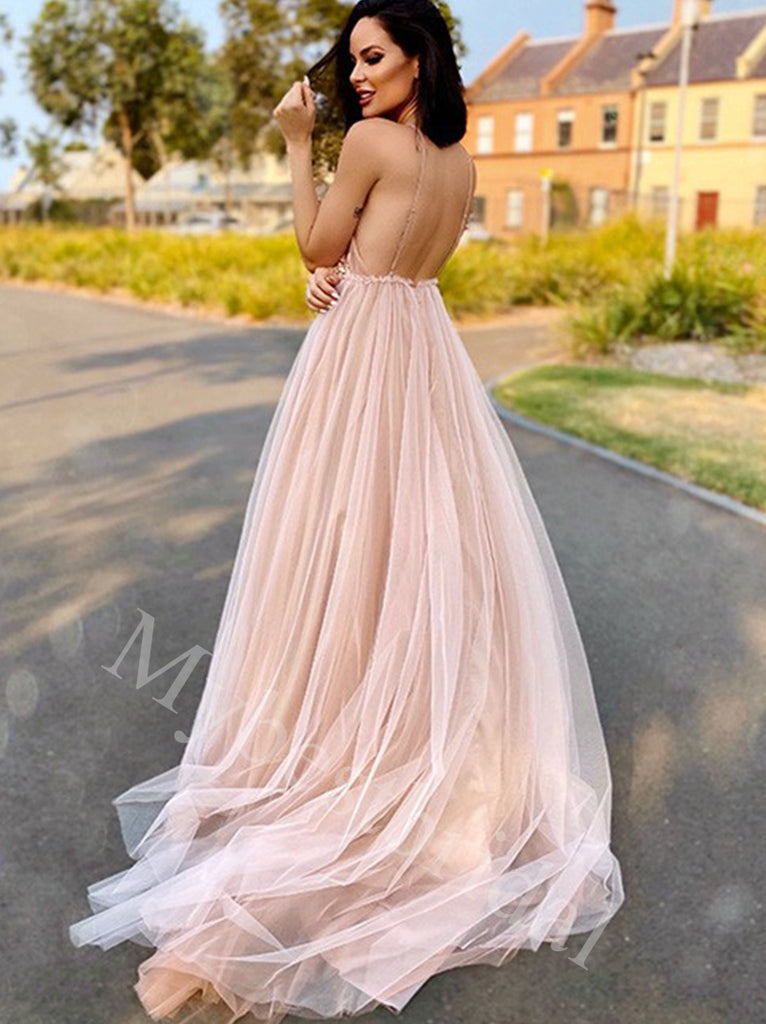 Sexy V-neck Spaghetti straps Sleeveless A-line Prom Dresses,PDS1011