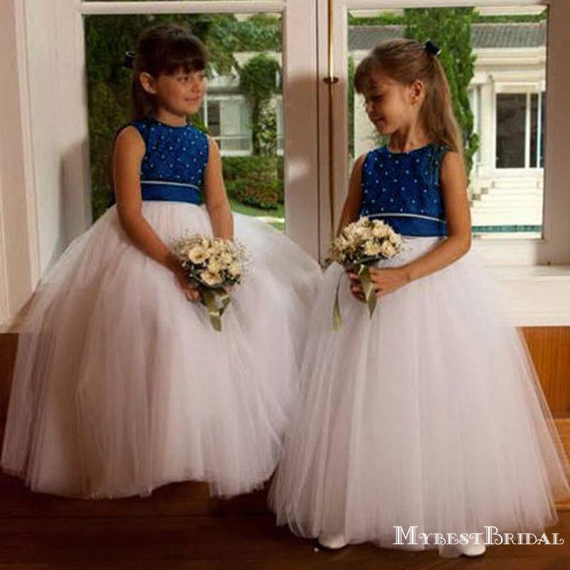 Elegant Round Neck White Tulle A-line Long Cheap Flower Girl Dresses, FGS0022