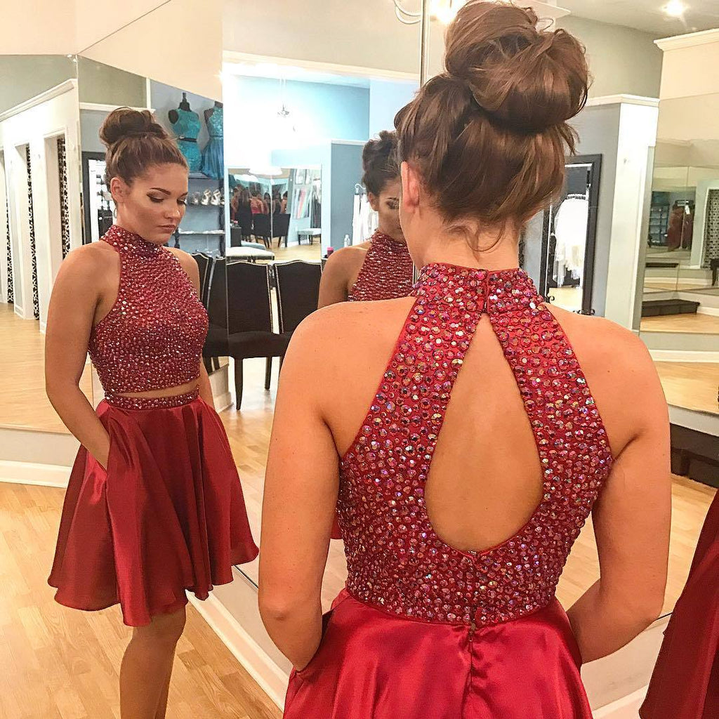 Sexy Two Piece Short Rhinestone Cute Red Homecoming Dresses 2018, BDY0255