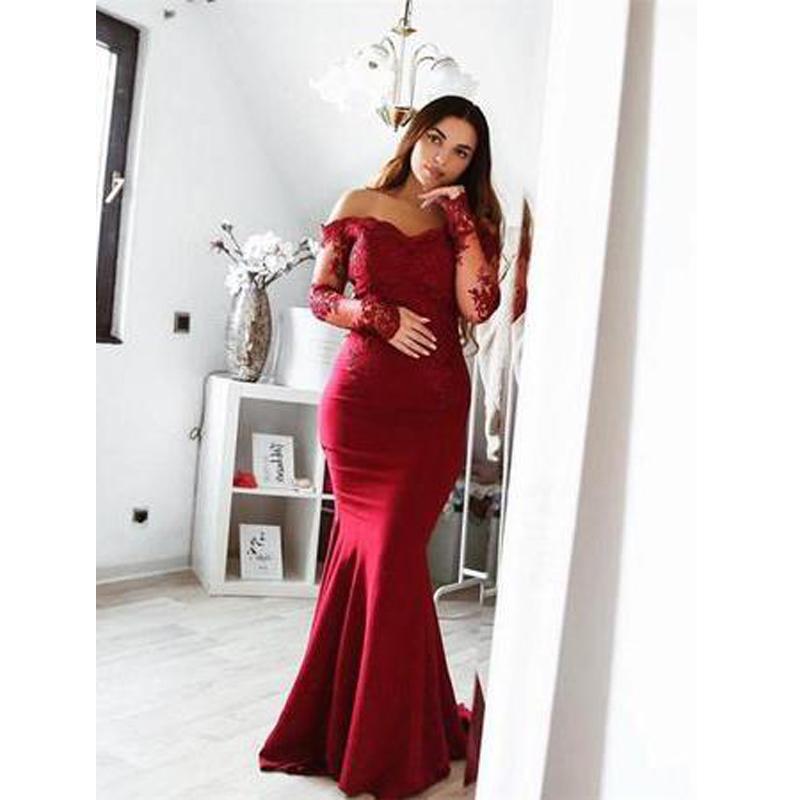 Long Sleeve Lace Mermaid Burgundy Long Bridesmaid Dresses Online, WGY0223