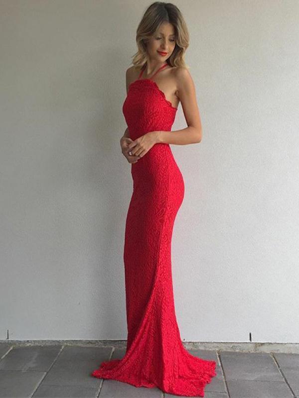 Halter Red Lace Prom Dresses, Mermaid Prom Dresses, Long Prom Dresses, Cheap Prom Dresses, BG0426