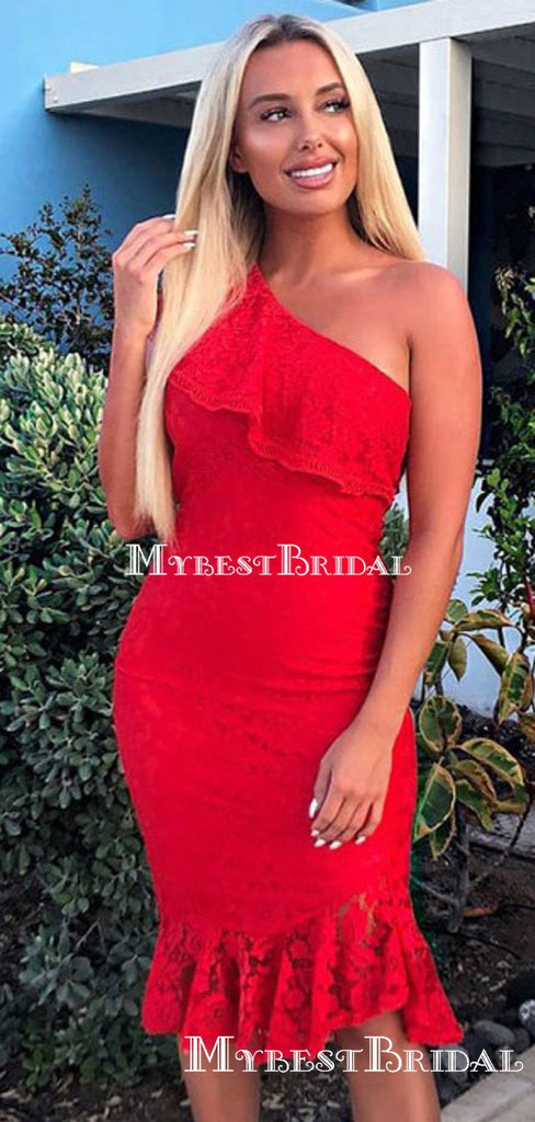 Red One Shoulder Lace Mermaid Short Cheap Homecoming Dresses, HDS0027
