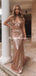 Newest Spaghetti Strap Rose Gold Sequin Mermaid Long Cheap Prom Dresses, PDS0095