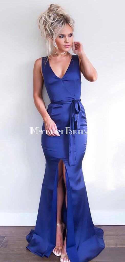 Simple V-neck Royal Blue Satin Mermaid Long Cheap Prom Dresses, PDS0094