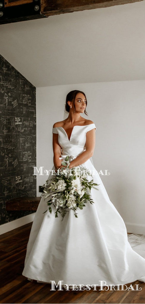 Off-The-Shoulder Simple White Satin Ball Gown Long Cheap Wedding Dresses, WDS0025