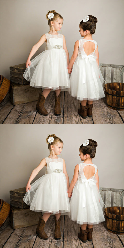 Tulle Open Back Beaded Lace White Flower Girl Dresses ,Cheap Flower Girl Dresses ,FGY0162