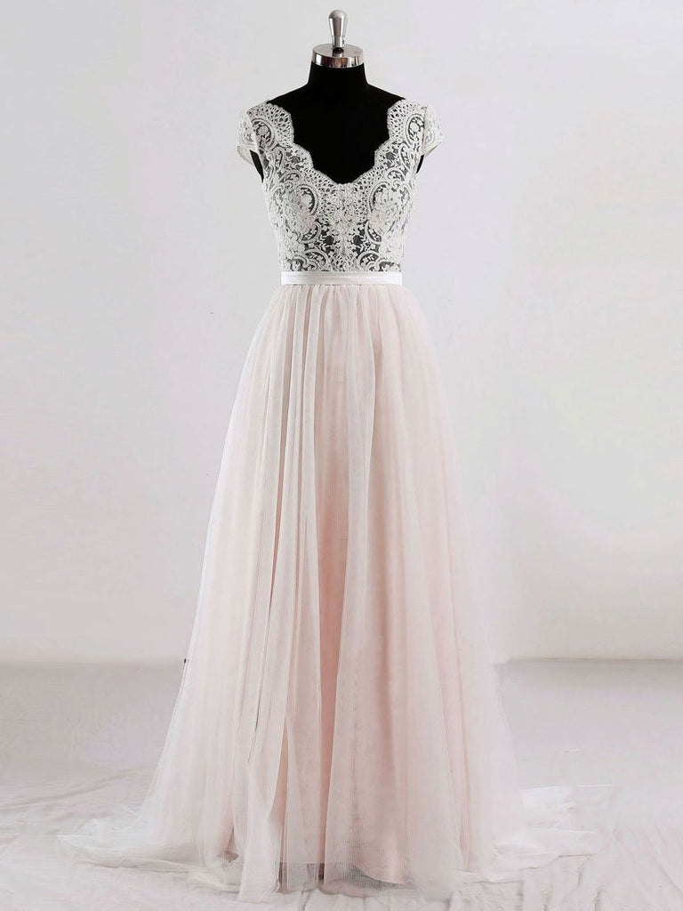 Cap Sleeves V Neck See Through A-line Cheap Wedding Dresses Online, WDY0211
