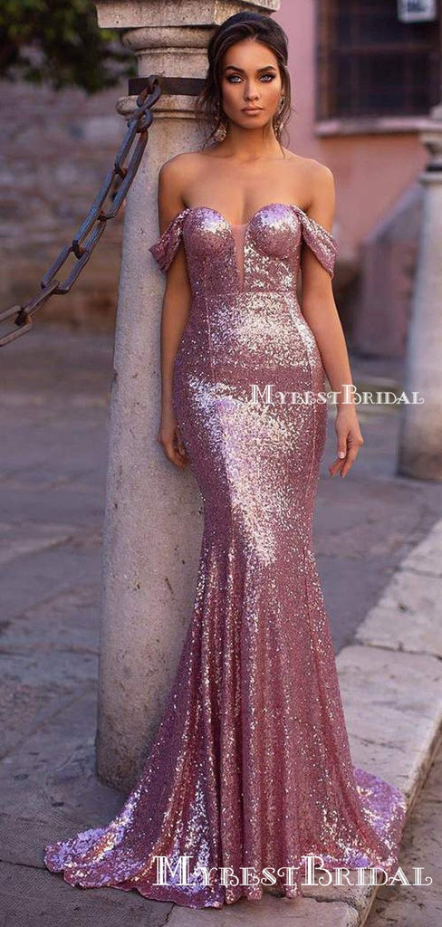 Sexy Rose Gold Sequin Off-The-Shoulder Mermiad Long Cheap Formal Evening Prom Dresses, PDS0060