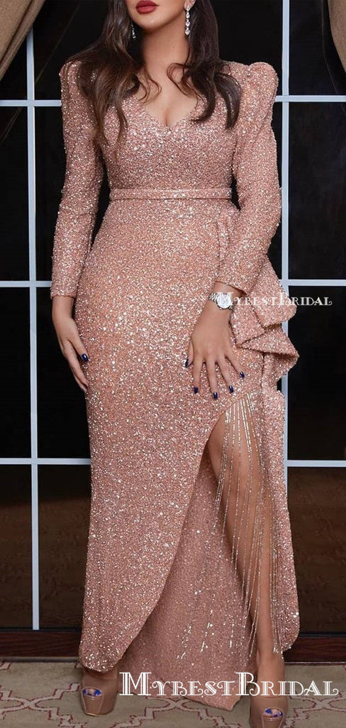 Sparkly Rose Gold Sequin V-neck Long Sleeves Side Slit Long Cheap Prom Dresses, PDS0068