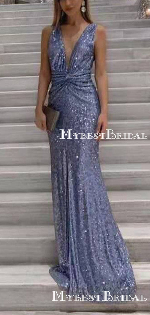 New Arrival Sexy Deep V-neck Sparkly Sleeveless Sequin Long Cheap Mermiad Prom Dresses, TYP0117