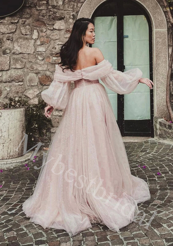 Sparkling Sweetheart Off shoulder Side slit A-line Prom Dresses,PDS1025