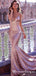 Sparkly Charming Elegant Spaghetti Strap Sleeveless Rose Gold Sequin Long Mermaid Cheap Prom Dresses, PDS0009