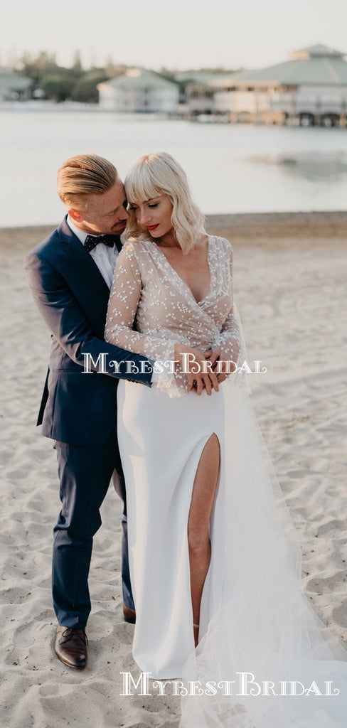 Sexy Deep V-neck Long Sleeves White Side Slit Long Cheap Wedding Dresses, WDS0022