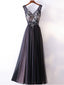 A-line V-neck Lace Appliqued Black Prom Dresses ,Cheap Prom Dresses,PDY0426