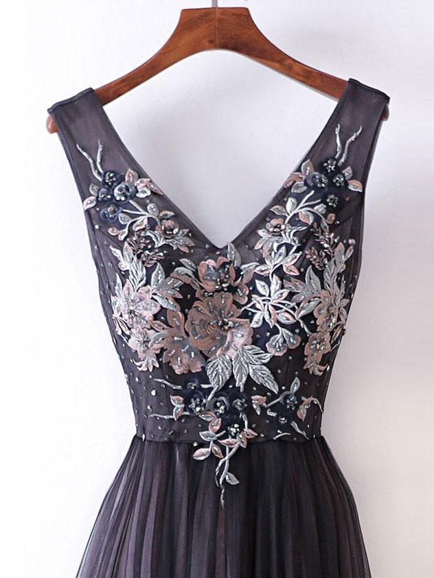 A-line V-neck Lace Appliqued Black Prom Dresses ,Cheap Prom Dresses,PDY0426