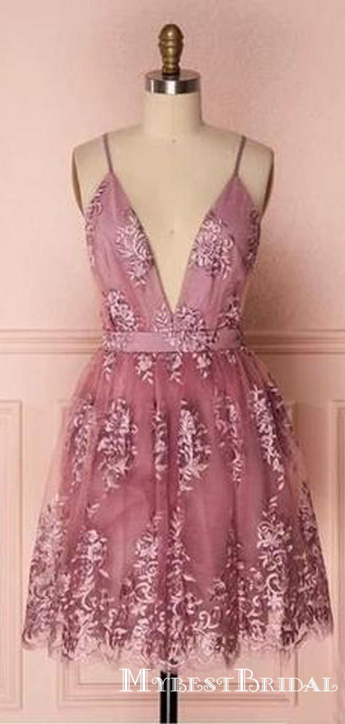 Sexy Charming A Line Deep V Neck Spaghetti Straps Short Cheap Lace Homecoming Dresses, TYP0070