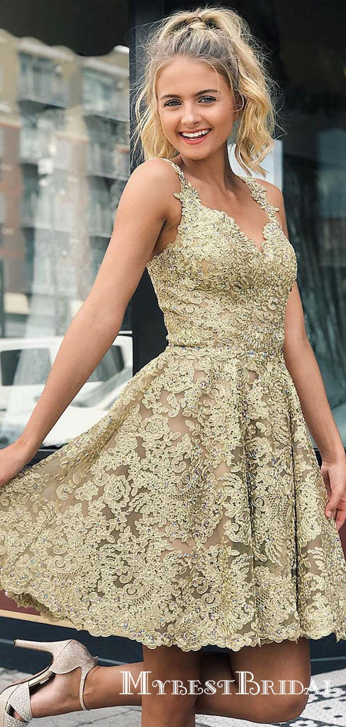 Elegant V-neck Straps All Over Lace Gold Homecoming Dresses, TYP0048