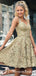 Elegant V-neck Straps All Over Lace Gold Homecoming Dresses, TYP0048