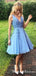 Cute A Line V Neck Blue Chiffon Short Cheap Homecoming Dresses with Applique, TYP0069