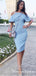 Sheath Cold Shoulder Knee Length Blue Satin Party Homecoming Dresses, TYP0027