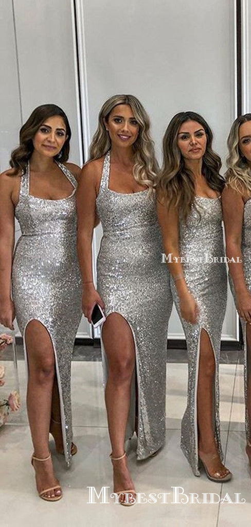 Sparkly Silver Sequin Halter Mermaid Long Cheap Bridesmaid Dresses, BDS0054