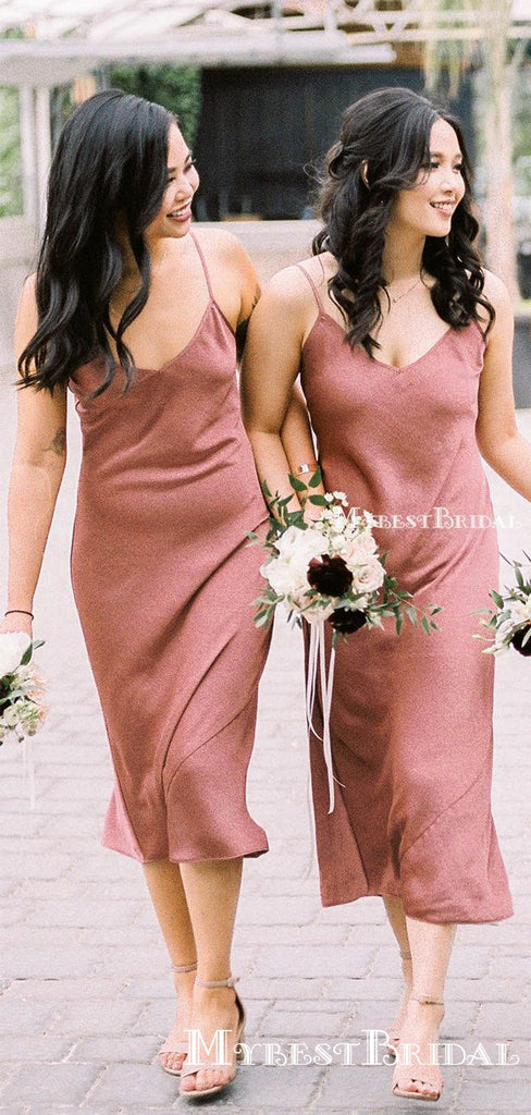 Charming Simple Spaghetti Straps Elastic Satin Tea-Length Long Cheap Bridesmaid Dresses, BDS0039