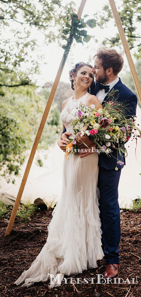 New Arrival Sleeveless Halter Top Lace Appliqued Long Cheap A-line Wedding Dresses, TYP0098